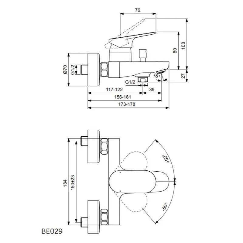 Baterie cadă-duș Ideal Standard, Ceralife O cu divertor automat, crom